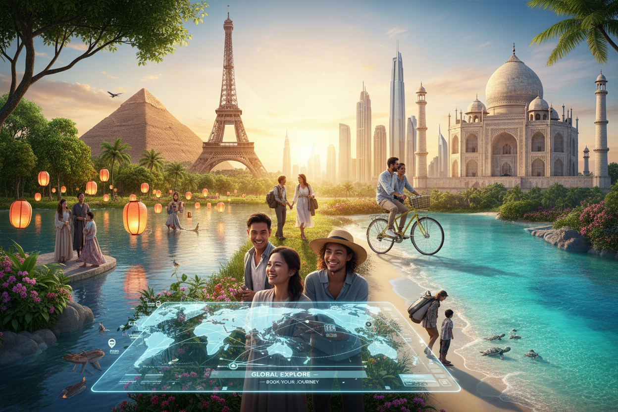 generate an image that related to the description "At ToAMADEUS, we’re committed to:Empowering small and large operators alike.Providing agents with real-time data and verified listings.Creating smooth, fast, and secure booking experiences.Building trust through innovation and transparency.We don’t just help you sell tours — we help you build a brand that travels the world." make it looks live and luxuries. make it related to to tourism, environment, and events.